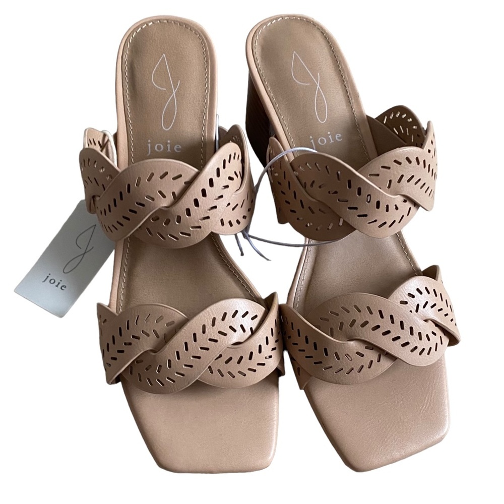 NWT Joie Society slip on sandals nude tan beige stacked block heel laser cut 7
